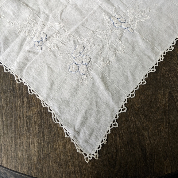 41” x 41” Vintage Embroidered White Linen Tablecloth - Picture 3 of 5